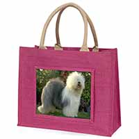 Old English Sheepdog Large Pink Jute Shopping Bag
