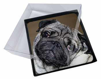 4x Cute Pug Dog Picture Table Coasters Set in Gift Box
