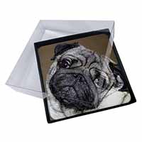 4x Cute Pug Dog Picture Table Coasters Set in Gift Box
