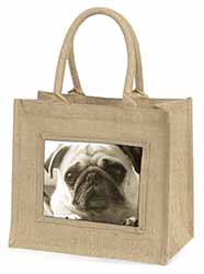 Cute Pug Dog Natural/Beige Jute Large Shopping Bag
