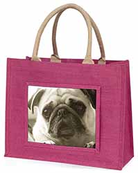 Cute Pug Dog Large Pink Jute Shopping Bag