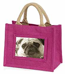Cute Pug Dog Little Girls Small Pink Jute Shopping Bag