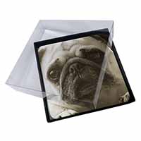 4x Cute Pug Dog Picture Table Coasters Set in Gift Box