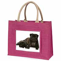 Pug Dog and Puppy Large Pink Jute Shopping Bag