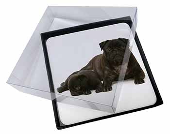 4x Pug Dog and Puppy Picture Table Coasters Set in Gift Box