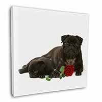 Black Pug Dogs with Red Rose Square Canvas 12"x12" Wall Art Picture Print