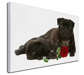 Black Pug Dogs with Red Rose Canvas X-Large 30"x20" Wall Art Print