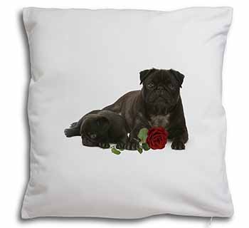 Black Pug Dogs with Red Rose Soft White Velvet Feel Scatter Cushion