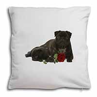 Black Pug Dogs with Red Rose Soft White Velvet Feel Scatter Cushion