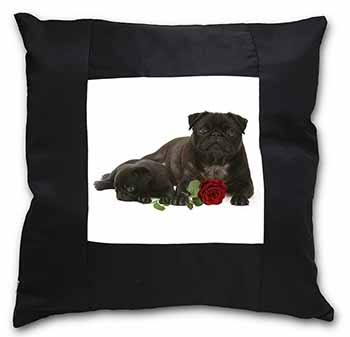 Black Pug Dogs with Red Rose Black Satin Feel Scatter Cushion