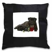 Black Pug Dogs with Red Rose Black Satin Feel Scatter Cushion