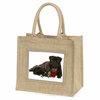 Black Pug Dogs with Red Rose Natural/Beige Jute Large Shopping Bag