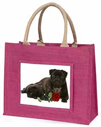 Black Pug Dogs with Red Rose Large Pink Jute Shopping Bag