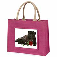 Black Pug Dogs with Red Rose Large Pink Jute Shopping Bag