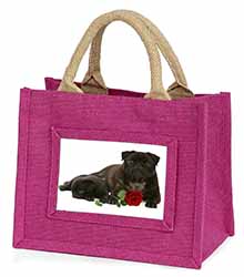 Black Pug Dogs with Red Rose Little Girls Small Pink Jute Shopping Bag