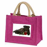 Black Pug Dogs with Red Rose Little Girls Small Pink Jute Shopping Bag