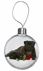 Black Pug Dogs with Red Rose Christmas Bauble