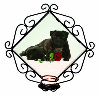 Black Pug Dogs with Red Rose Wrought Iron Wall Art Candle Holder