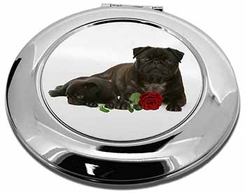 Black Pug Dogs with Red Rose Make-Up Round Compact Mirror