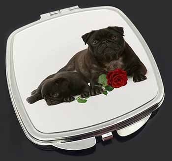 Black Pug Dogs with Red Rose Make-Up Compact Mirror