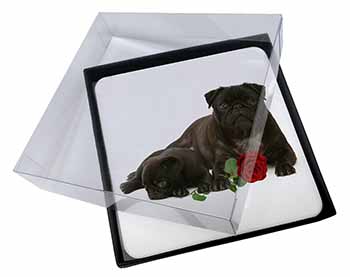 4x Black Pug Dogs with Red Rose Picture Table Coasters Set in Gift Box