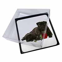 4x Black Pug Dogs with Red Rose Picture Table Coasters Set in Gift Box