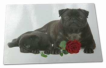 Large Glass Cutting Chopping Board Black Pug Dogs with Red Rose