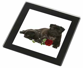 Black Pug Dogs with Red Rose Black Rim High Quality Glass Coaster