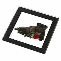 Black Pug Dogs with Red Rose Black Rim High Quality Glass Coaster
