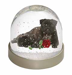 Black Pug Dogs with Red Rose Snow Globe Photo Waterball