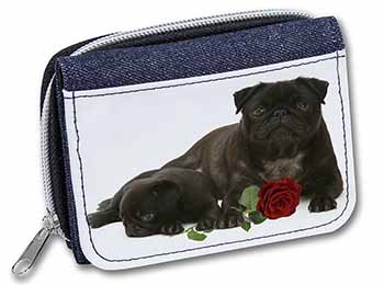 Black Pug Dogs with Red Rose Unisex Denim Purse Wallet