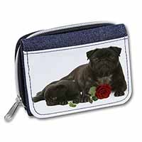 Black Pug Dogs with Red Rose Unisex Denim Purse Wallet