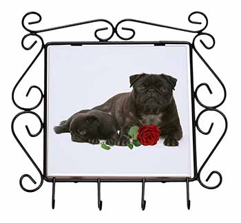 Black Pug Dogs with Red Rose Wrought Iron Key Holder Hooks