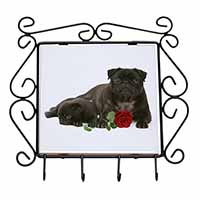 Black Pug Dogs with Red Rose Wrought Iron Key Holder Hooks