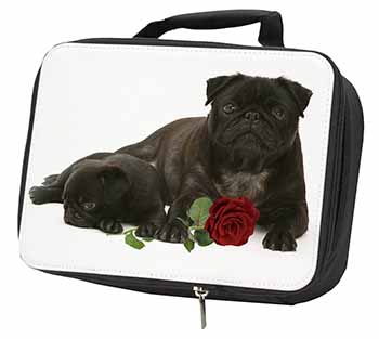 Black Pug Dogs with Red Rose Black Insulated School Lunch Box/Picnic Bag