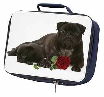 Black Pug Dogs with Red Rose Navy Insulated School Lunch Box/Picnic Bag