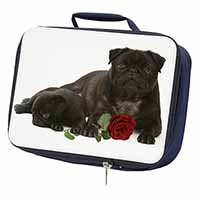 Black Pug Dogs with Red Rose Navy Insulated School Lunch Box/Picnic Bag