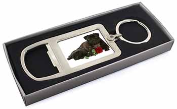 Black Pug Dogs with Red Rose Chrome Metal Bottle Opener Keyring in Box