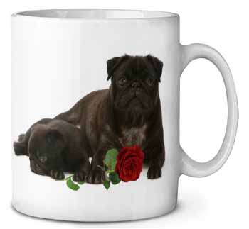 Black Pug Dogs with Red Rose Ceramic Coffee Mug/Tea Cup