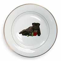Black Pug Dogs with Red Rose Gold Rim Plate Printed Full Colour in Gift Box