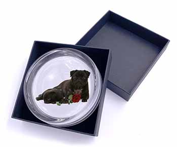 Black Pug Dogs with Red Rose Glass Paperweight in Gift Box