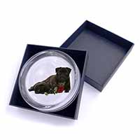 Black Pug Dogs with Red Rose Glass Paperweight in Gift Box