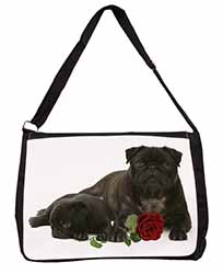 Black Pug Dogs with Red Rose Large Black Laptop Shoulder Bag School/College