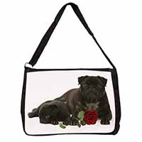 Black Pug Dogs with Red Rose Large Black Laptop Shoulder Bag School/College