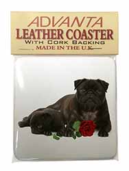 Black Pug Dogs with Red Rose Single Leather Photo Coaster