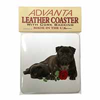 Black Pug Dogs with Red Rose Single Leather Photo Coaster