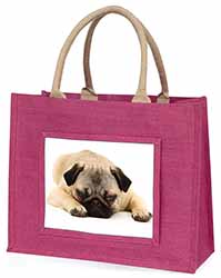 Pug Dog Large Pink Jute Shopping Bag