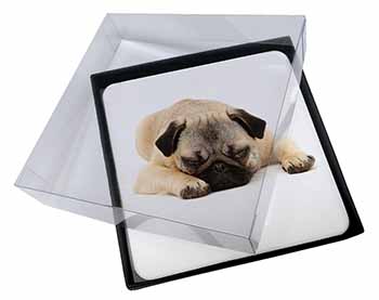 4x Pug Dog Picture Table Coasters Set in Gift Box