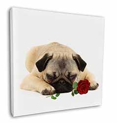 Pug Dog with a Red Rose Square Canvas 12"x12" Wall Art Picture Print