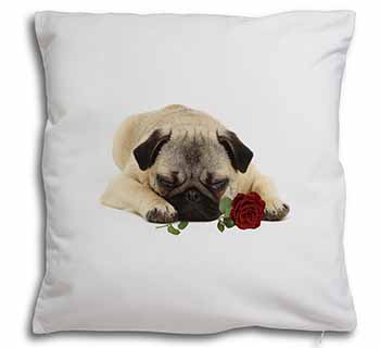 Pug Dog with a Red Rose Soft White Velvet Feel Scatter Cushion